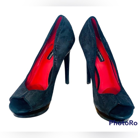 Charles Jourdan Black Leather Suede Open Toe Heels Size 8.5 - Picture 3 of 12